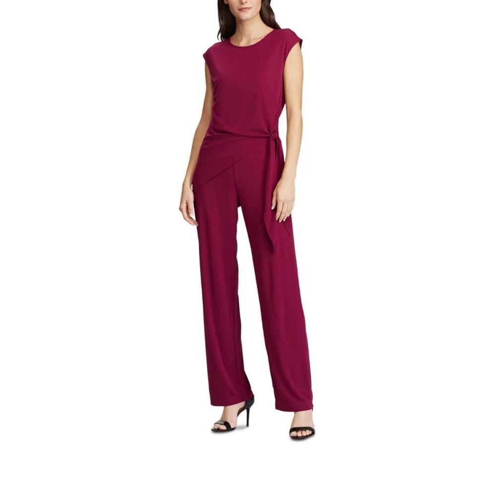 Ralph Lauren Burgundy Cap Sleeve Jewel Neck Straight Leg Jumpsuit M